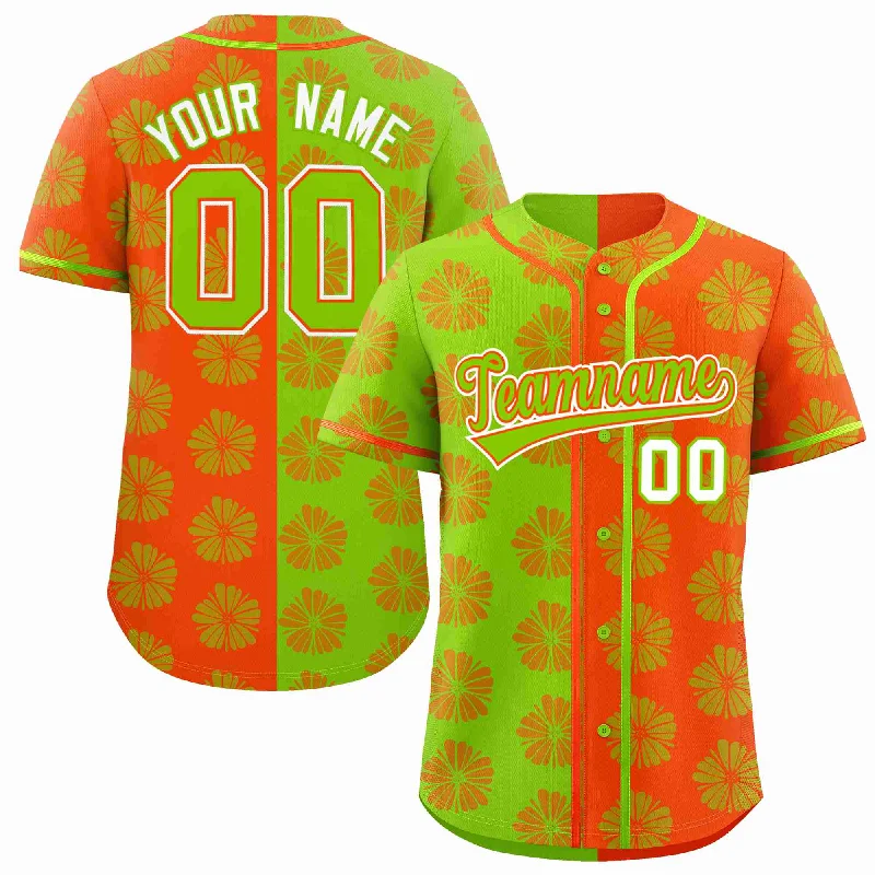 Baseball Jersey for Casual Team Support Apparel-Custom Neon Green Orange Split Fashion Flower Graffiti Pattern Authentic Baseball Jersey