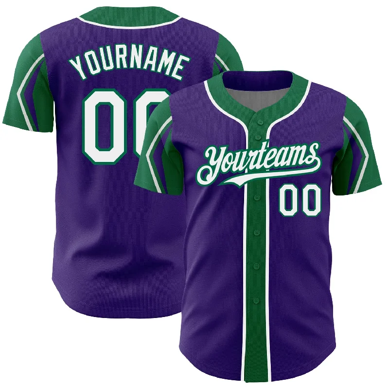 Baseball Jersey for Premium Customization-Custom Purple White-Kelly Green 3 Colors Arm Shapes Authentic Baseball Jersey