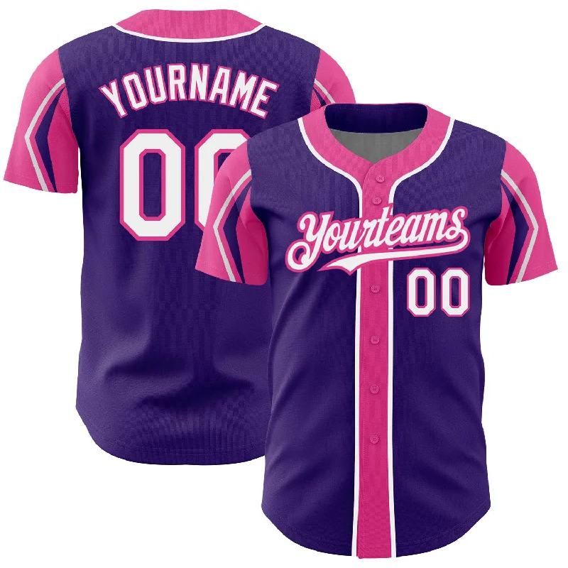 Baseball Jersey for High-School Sports Apparel-Custom Purple White-Pink 3 Colors Arm Shapes Authentic Baseball Jersey