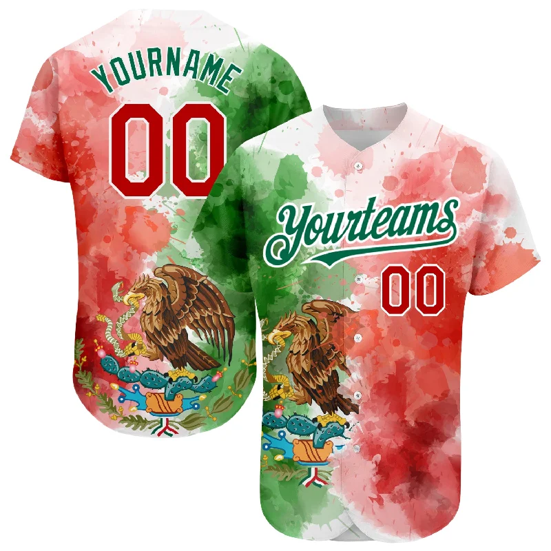 Baseball Jersey for Custom Team Logos and Names-Custom Kelly Green Red-White 3D Mexican Flag Watercolored Splashes Grunge Design Authentic Baseball Jersey