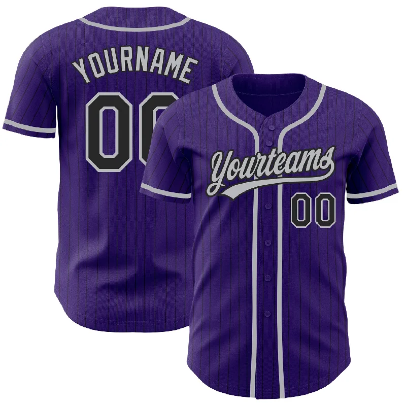 Baseball Jersey for Premium Fan Support-Custom Purple Black Pinstripe Gray Authentic Baseball Jersey