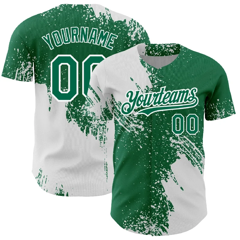 Baseball Jersey for Sporty Casual Wear-Custom Kelly Green White 3D Pattern Design Abstract Brush Stroke Authentic Baseball Jersey