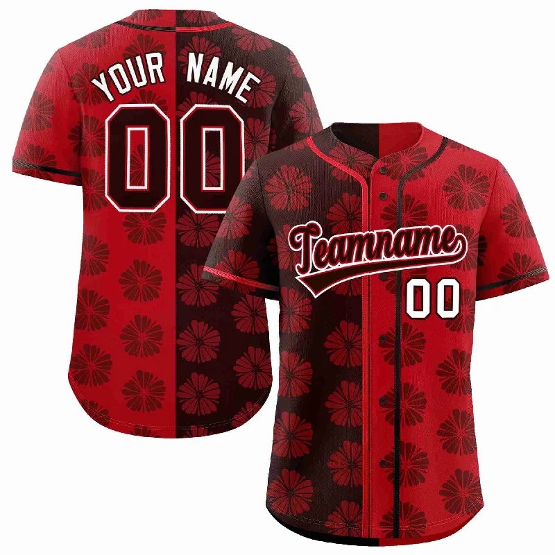 Baseball Jersey for High-School Sports Apparel-Custom Brown Red Split Fashion Flower Graffiti Pattern Authentic Baseball Jersey