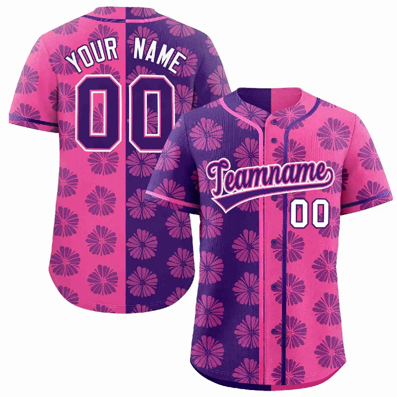 Baseball Jersey for Home and Away Games-Custom Purple Pink Split Fashion Flower Graffiti Pattern Authentic Baseball Jersey