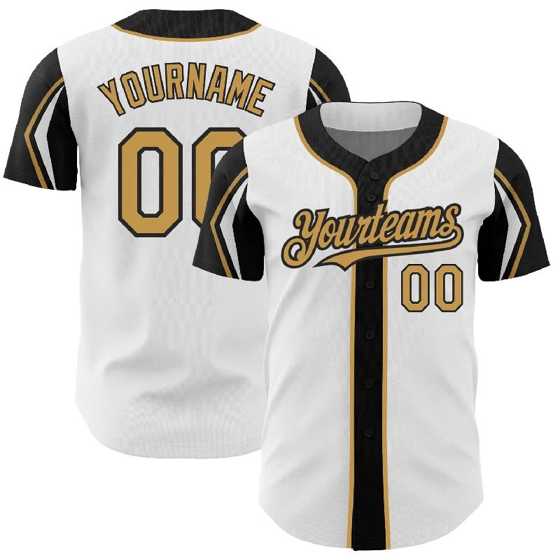 Baseball Jersey for Unique Color Patterns-Custom White Old Gold-Black 3 Colors Arm Shapes Authentic Baseball Jersey