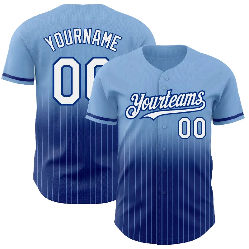 Baseball Jersey for Cool Custom Player Designs-Custom Light Blue Pinstripe White-Royal Authentic Fade Fashion Baseball Jersey