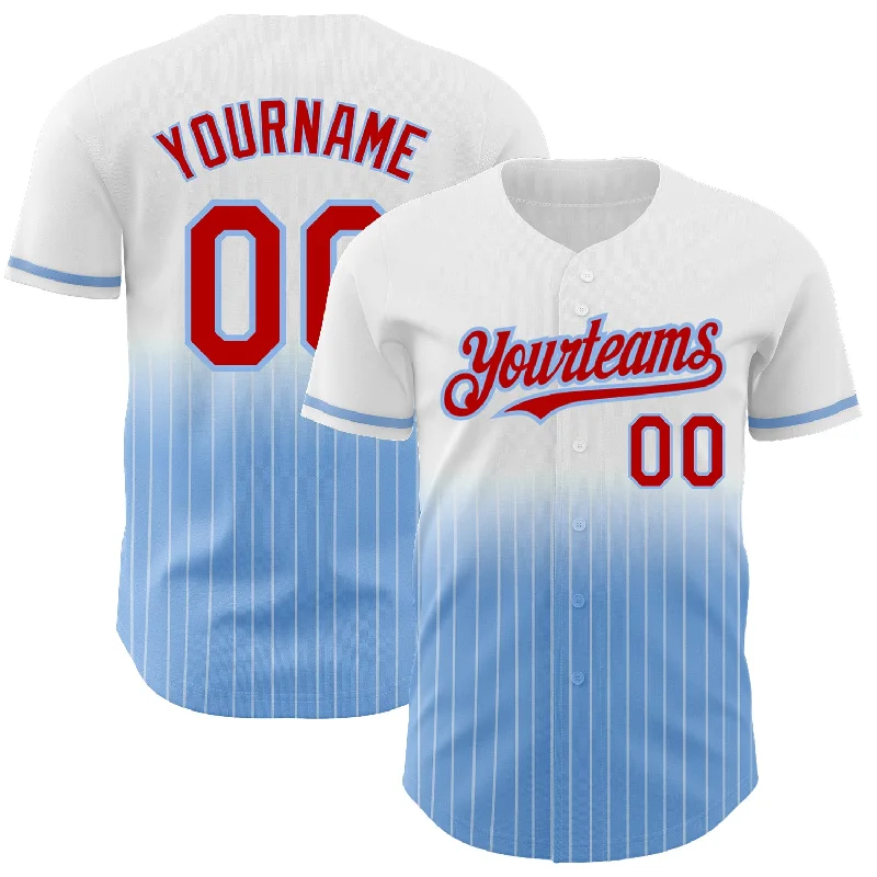 Baseball Jersey for Unique Color Patterns-Custom White Pinstripe Red-Light Blue Authentic Fade Fashion Baseball Jersey