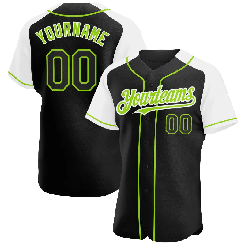 Baseball Jersey for Breathable Design-Custom Black White-Neon Green Authentic Raglan Sleeves Baseball Jersey