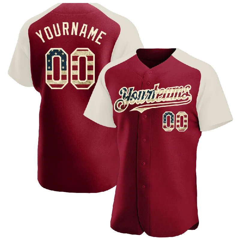 Baseball Jersey for Sports League Uniforms-Custom Crimson Vintage USA Flag-Cream Authentic Raglan Sleeves Baseball Jersey