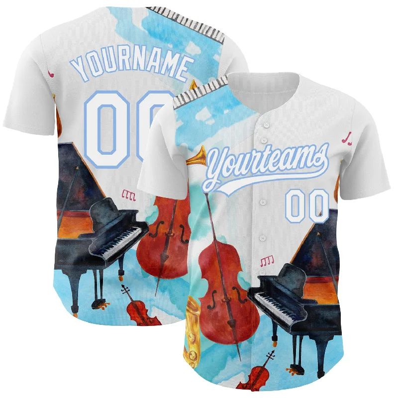 Baseball Jersey for Professional Baseball Players-Custom White Light Blue 3D Pattern Design Music Festival Authentic Baseball Jersey