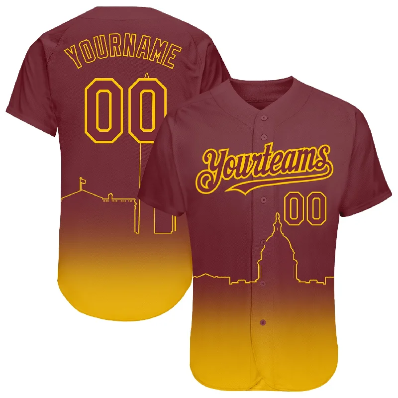 Baseball Jersey for Softball and Baseball Hybrid-Custom Burgundy Yellow 3D Washington City Edition Fade Fashion Authentic Baseball Jersey