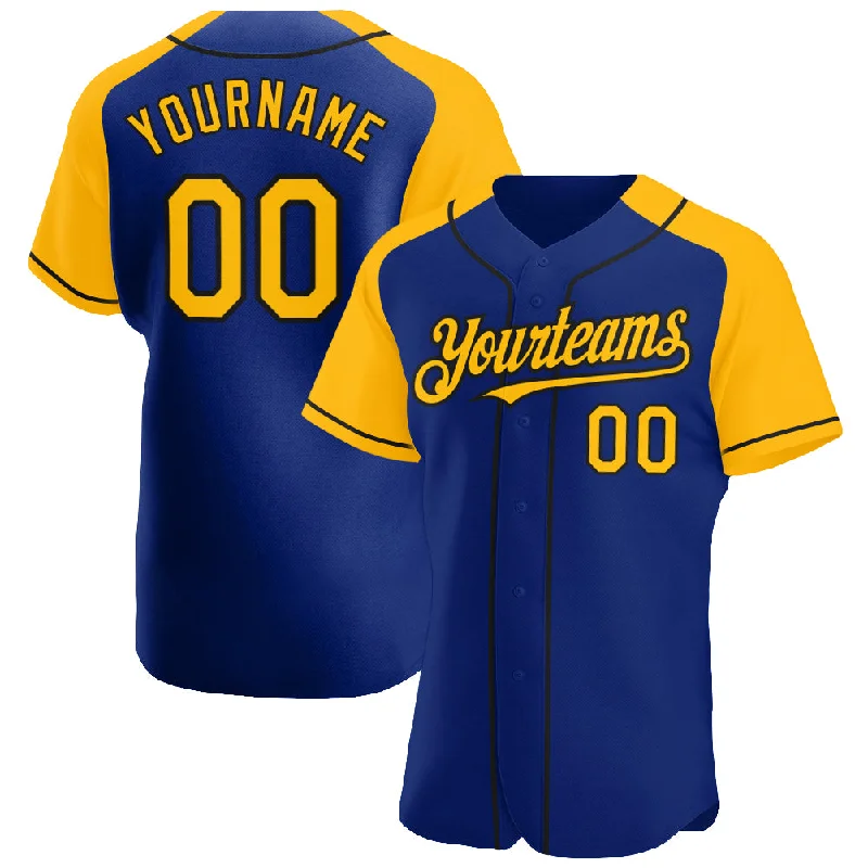 Baseball Jersey for Comfortable and Soft Team Jerseys-Custom Royal Gold-Black Authentic Raglan Sleeves Baseball Jersey