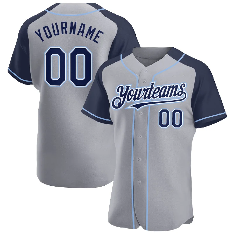 Baseball Jersey for Youth Custom Jerseys-Custom Gray Navy-Light Blue Authentic Raglan Sleeves Baseball Jersey