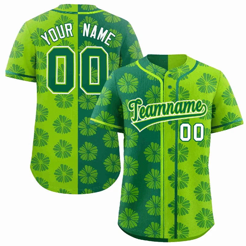 Baseball Jersey for School Baseball Teams-Custom Kelly Green Neon Green Split Fashion Flower Graffiti Pattern Authentic Baseball Jersey