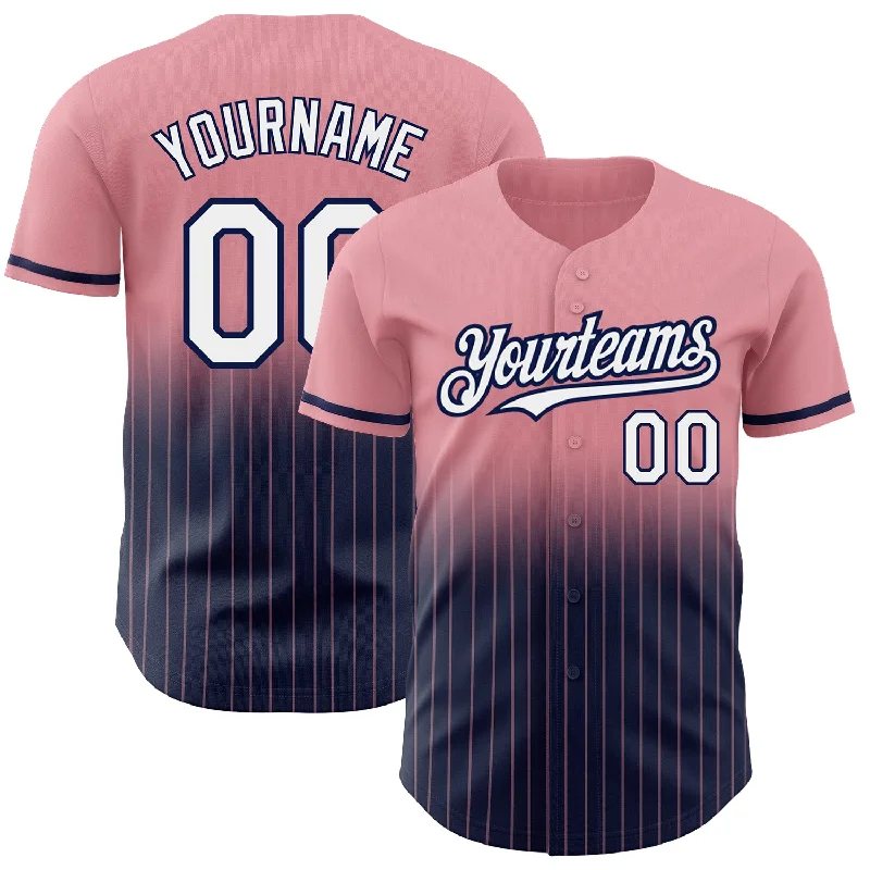 Baseball Jersey for Lightweight Material-Custom Medium Pink Pinstripe White-Navy Authentic Fade Fashion Baseball Jersey