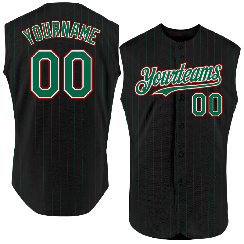 Baseball Jersey for High-Quality Design and Durability-Custom Black Kelly Green Pinstripe White-Red Authentic Sleeveless Baseball Jersey