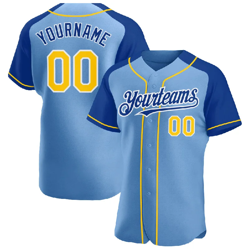 Baseball Jersey for Retro Baseball Look-Custom Light Blue Yellow-Royal Authentic Raglan Sleeves Baseball Jersey