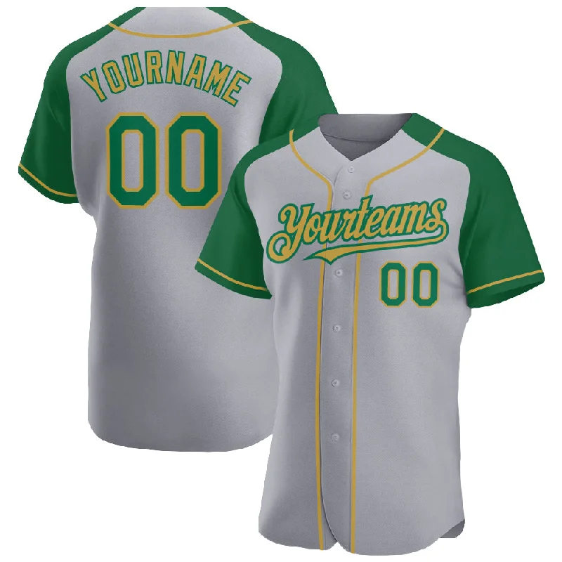 Baseball Jersey for Cool and Breathable Fit-Custom Gray Kelly Green-Old Gold Authentic Raglan Sleeves Baseball Jersey