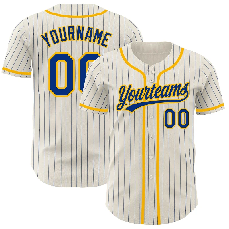 Baseball Jersey for Comfortable Player Jerseys-Custom Cream Royal Pinstripe Gold Authentic Baseball Jersey