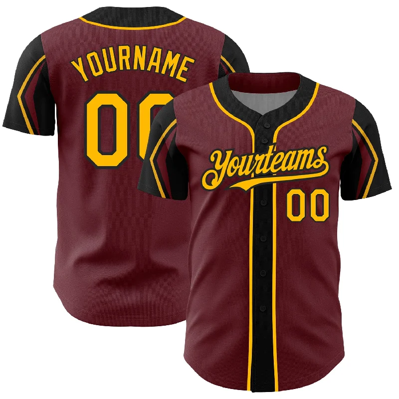 Baseball Jersey for Baseball Collection Apparel-Custom Burgundy Gold-Black 3 Colors Arm Shapes Authentic Baseball Jersey