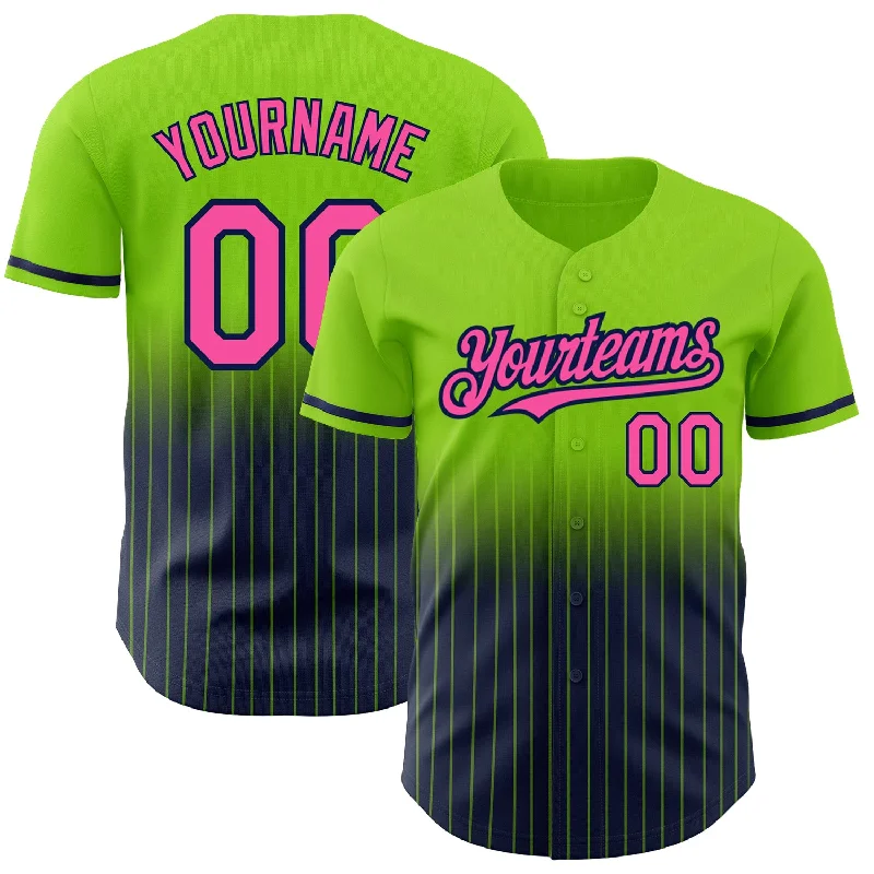 Baseball Jersey for Custom Colors-Custom Neon Green Pinstripe Pink-Navy Authentic Fade Fashion Baseball Jersey