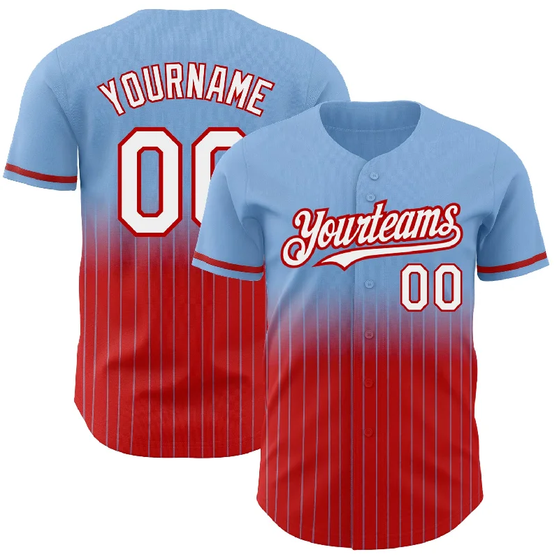 Baseball Jersey for Durable and Breathable Fabric-Custom Light Blue Pinstripe White-Red Authentic Fade Fashion Baseball Jersey