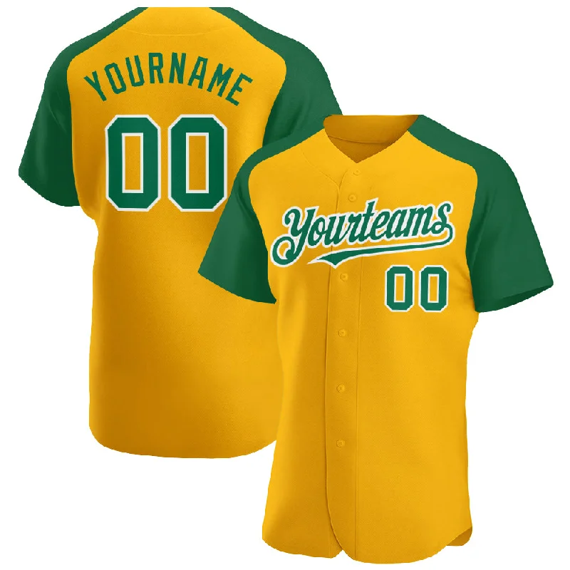 Baseball Jersey for Durable and Breathable Fabric-Custom Gold Kelly Green-White Authentic Raglan Sleeves Baseball Jersey