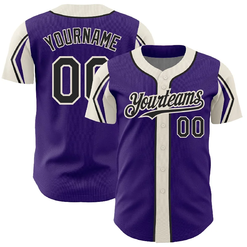 Baseball Jersey for Fan Support Apparel-Custom Purple Black-Cream 3 Colors Arm Shapes Authentic Baseball Jersey