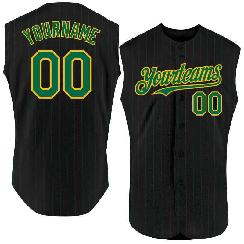 Baseball Jersey for Youth Team Spirit-Custom Black Kelly Green Pinstripe Gold Authentic Sleeveless Baseball Jersey