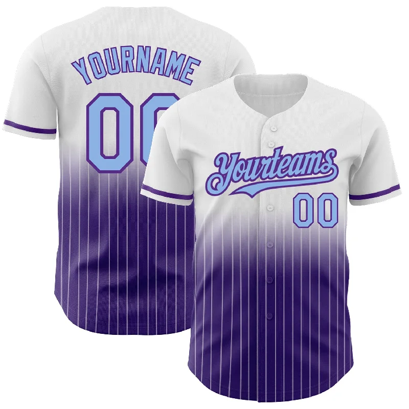 Baseball Jersey for Custom Team Logos and Names-Custom White Pinstripe Light Blue-Purple Authentic Fade Fashion Baseball Jersey