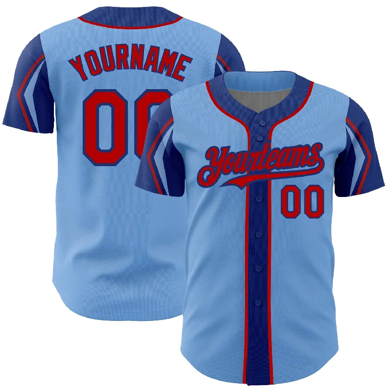 Baseball Jersey for Softball Teams-Custom Light Blue Red-Royal 3 Colors Arm Shapes Authentic Baseball Jersey