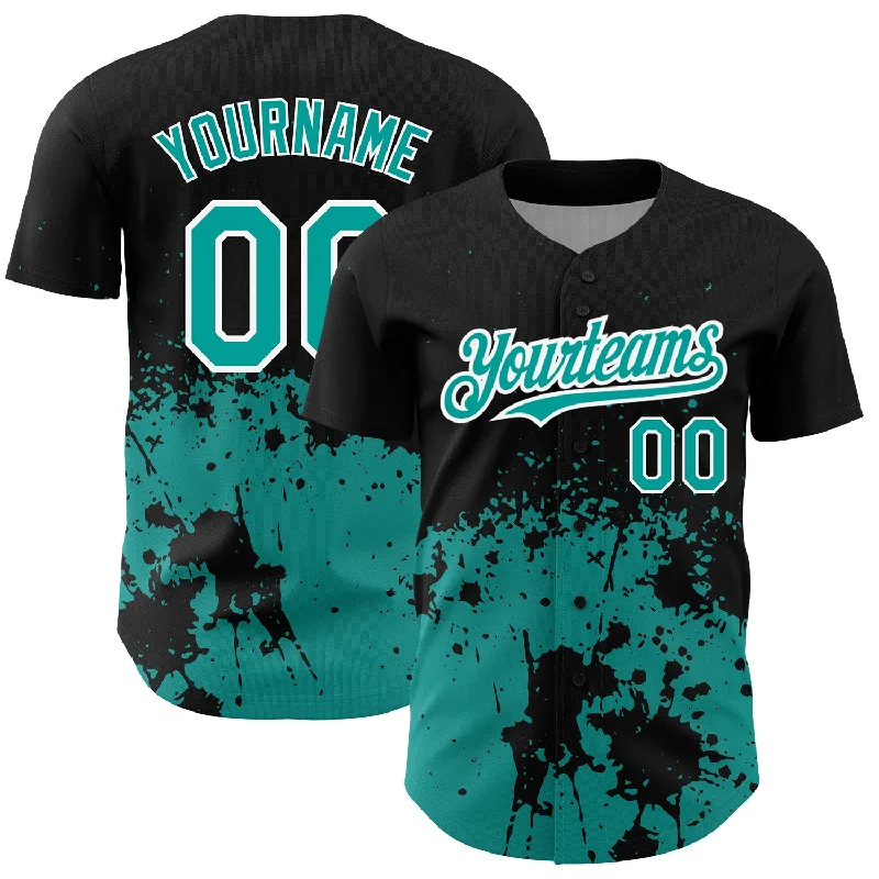 Baseball Jersey for Sports Event Fans-Custom Black Teal-White 3D Pattern Design Abstract Splash Grunge Art Authentic Baseball Jersey