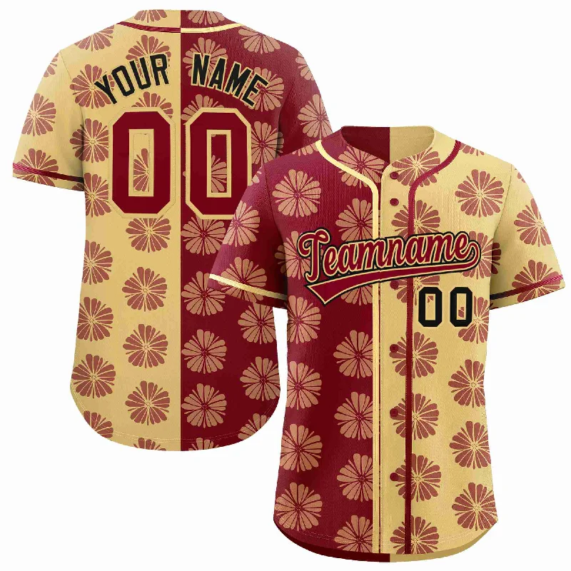 Baseball Jersey for High-End Custom Bats and Jerseys-Custom Crimson Khaki Split Fashion Flower Graffiti Pattern Authentic Baseball Jersey