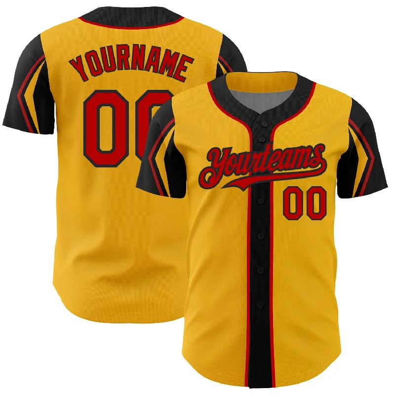 Baseball Jersey for Stylish and Fun Designs-Custom Gold Red-Black 3 Colors Arm Shapes Authentic Baseball Jersey