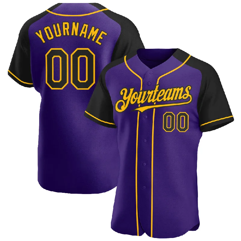 Baseball Jersey for Comfortable Team Uniform-Custom Purple Black-Gold Authentic Raglan Sleeves Baseball Jersey