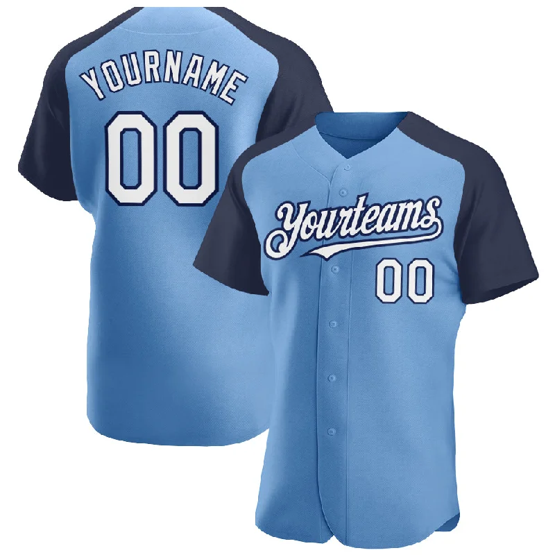 Baseball Jersey for Stylish Street Wear-Custom Light Blue White-Navy Authentic Raglan Sleeves Baseball Jersey