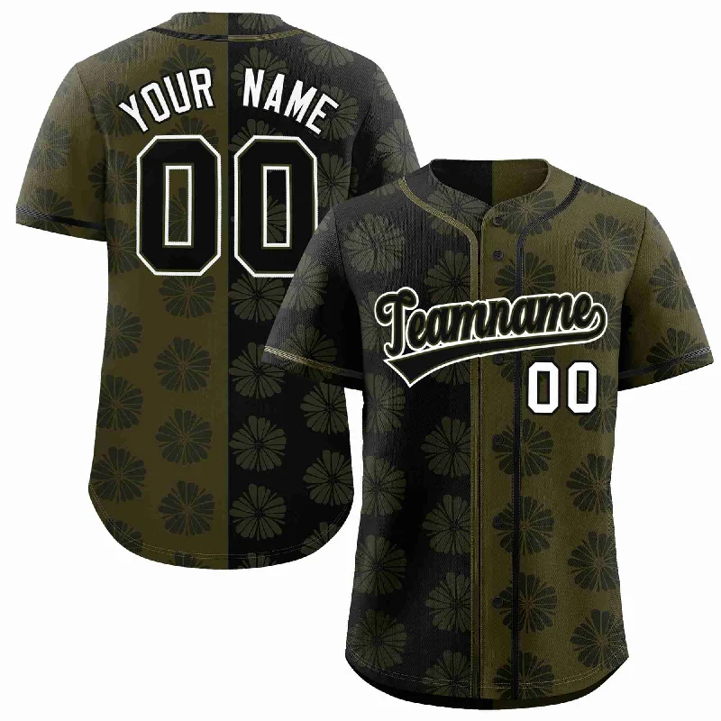 Baseball Jersey for Sports Team Support Apparel-Custom Black Olive Split Fashion Flower Graffiti Pattern Authentic Baseball Jersey