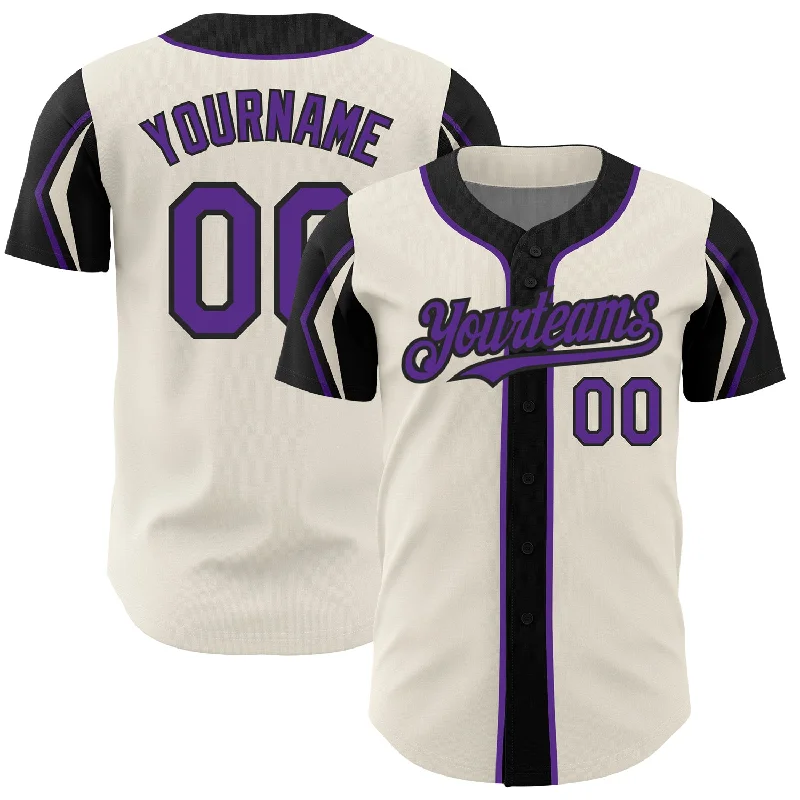 Baseball Jersey for Premium Baseball Fan Gear-Custom Cream Purple-Black 3 Colors Arm Shapes Authentic Baseball Jersey