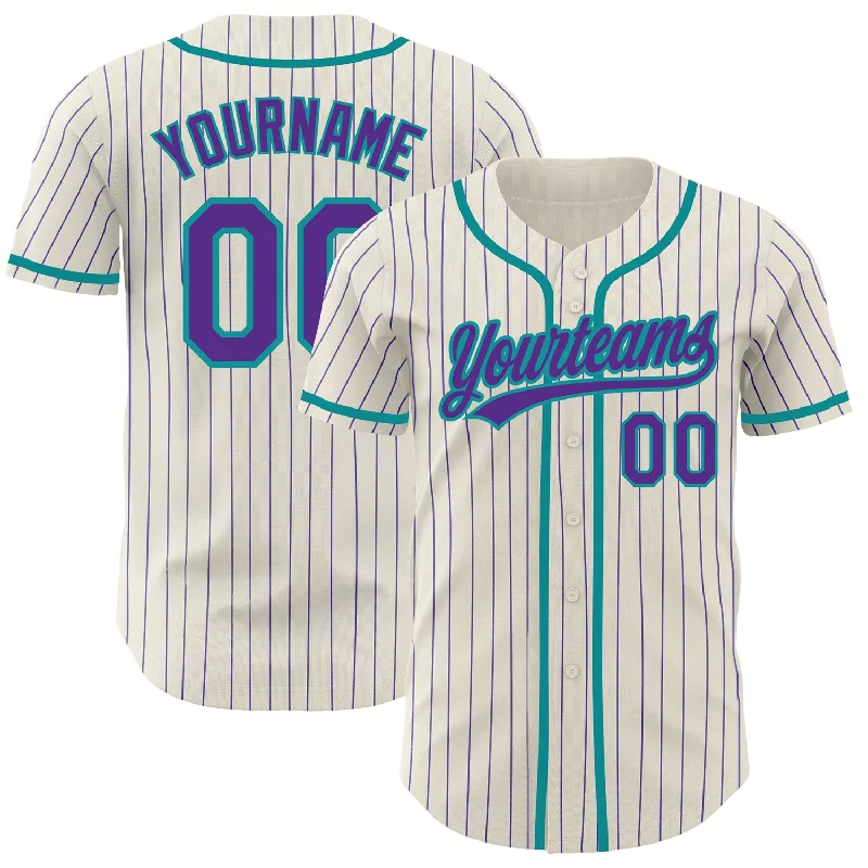 Baseball Jersey for Softball Team Custom Jerseys-Custom Cream Purple Pinstripe Teal Authentic Baseball Jersey