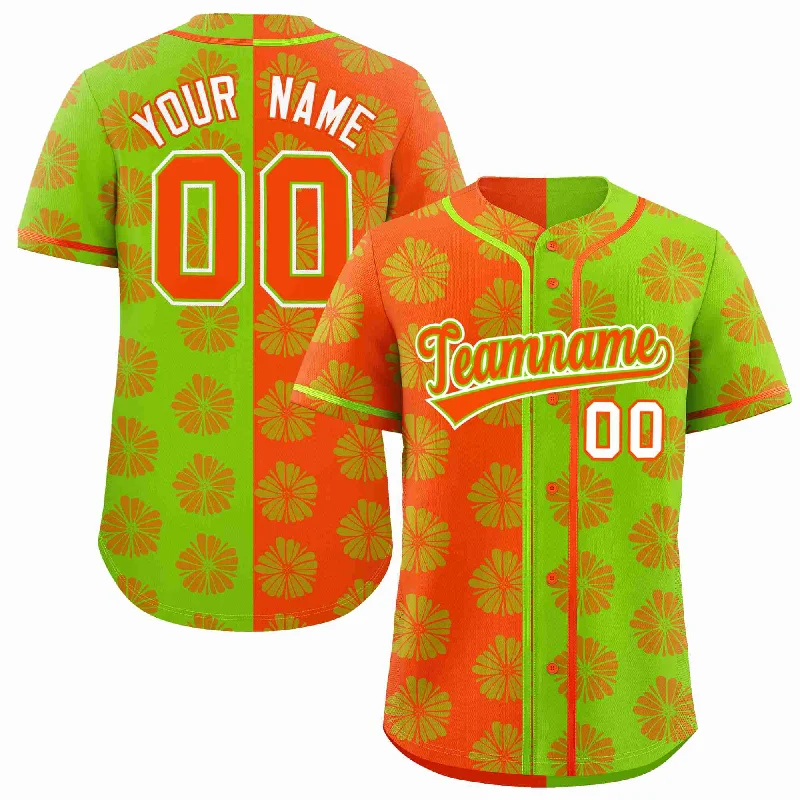 Baseball Jersey for High School Teams-Custom Orange Neon Green Split Fashion Flower Graffiti Pattern Authentic Baseball Jersey