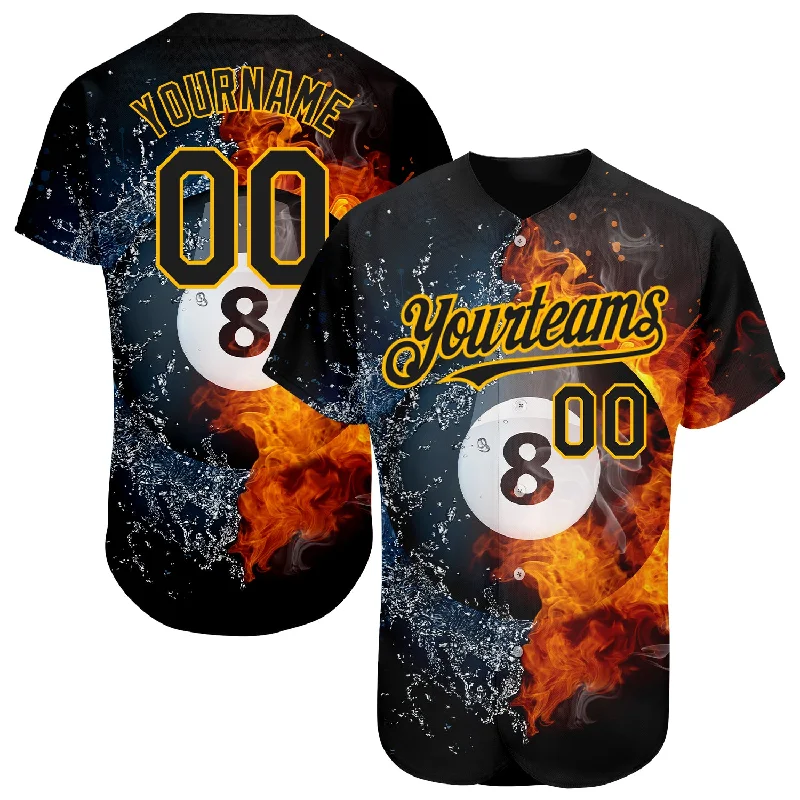 Baseball Jersey for Softball Team Custom Jerseys-Custom Black Gold 3D Pattern Design Billiards Snooker 8 Ball Authentic Baseball Jersey