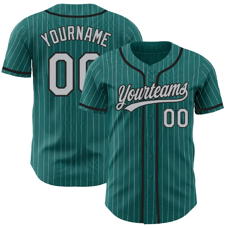 Baseball Jersey for Comfortable Fit-Custom Teal Gray Pinstripe Black Authentic Baseball Jersey