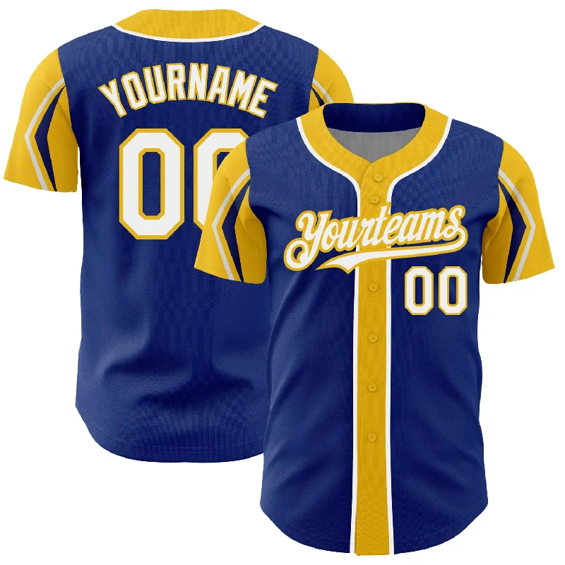 Baseball Jersey for Personalized Game Jerseys-Custom Royal White-Yellow 3 Colors Arm Shapes Authentic Baseball Jersey