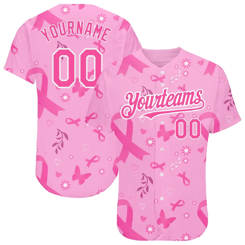 Baseball Jersey for Premium Custom Team Apparel-Custom Pink White 3D Pink Ribbon Breast Cancer Awareness Month Women Health Care Support Authentic Baseball Jersey