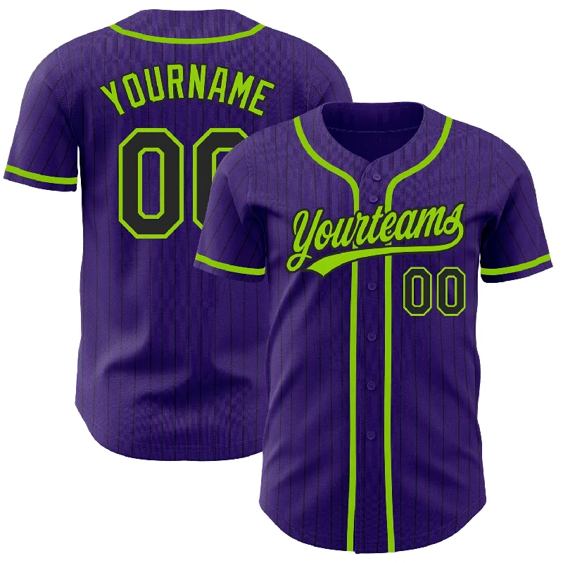 Baseball Jersey for Customizable Player Jerseys-Custom Purple Black Pinstripe Neon Green Authentic Baseball Jersey