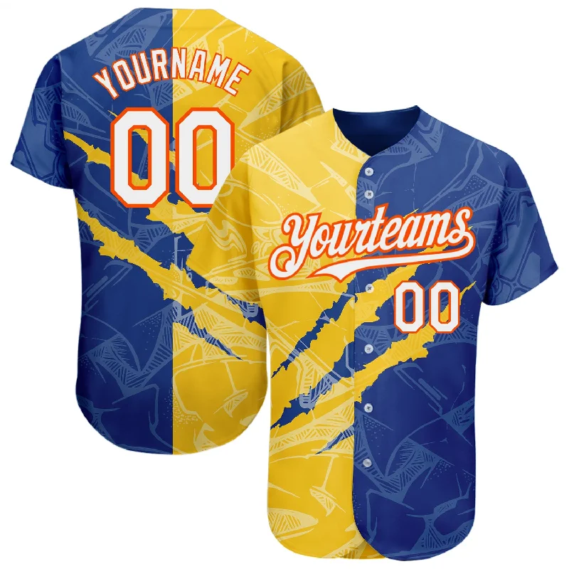 Baseball Jersey for Game Ready Uniforms-Custom Graffiti Pattern White Royal Yellow-Orange 3D Scratch Authentic Baseball Jersey