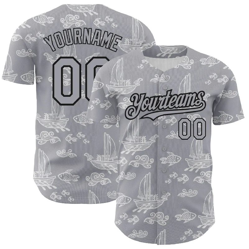 Baseball Jersey for Personalized Fan Designs-Custom Gray Black 3D Pattern Design Boats And Fish Authentic Baseball Jersey