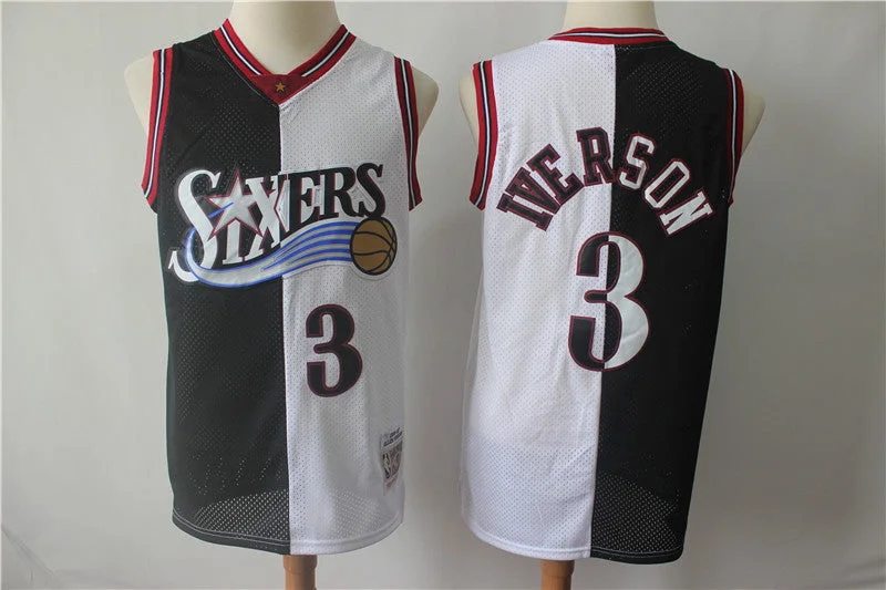 Basketball Jersey for Full Customization Options-76ers 3 Allen Iverson Black White Split 1996-97 Hardwood Classics Basketball Jersey