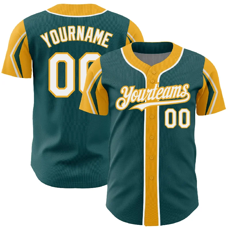 Baseball Jersey for Customizable Fanwear-Custom Midnight Green White-Gold 3 Colors Arm Shapes Authentic Baseball Jersey