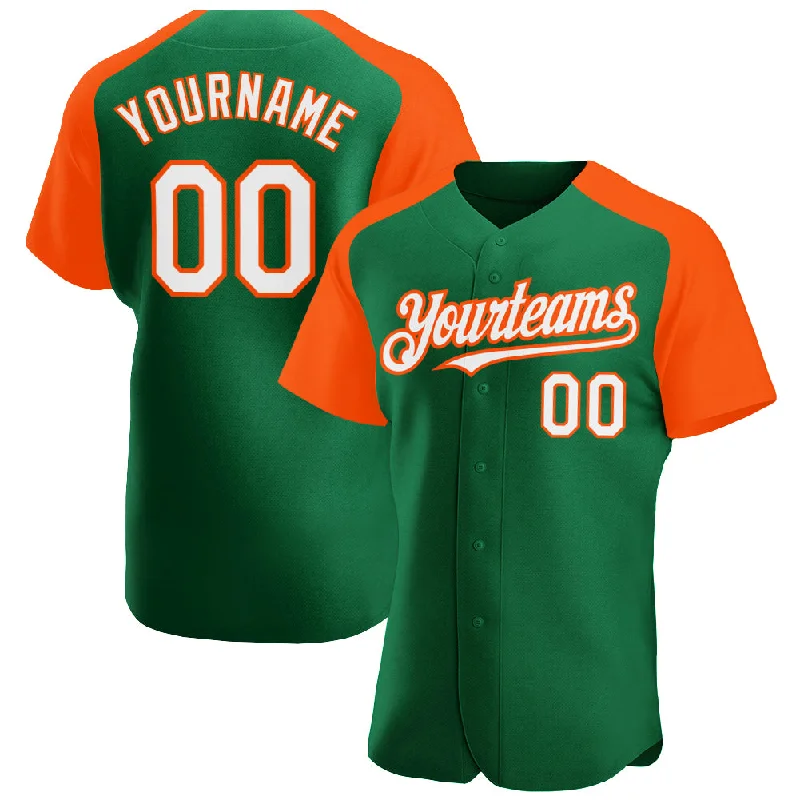 Baseball Jersey for School Uniforms and Teams-Custom Kelly Green White-Orange Authentic Raglan Sleeves Baseball Jersey